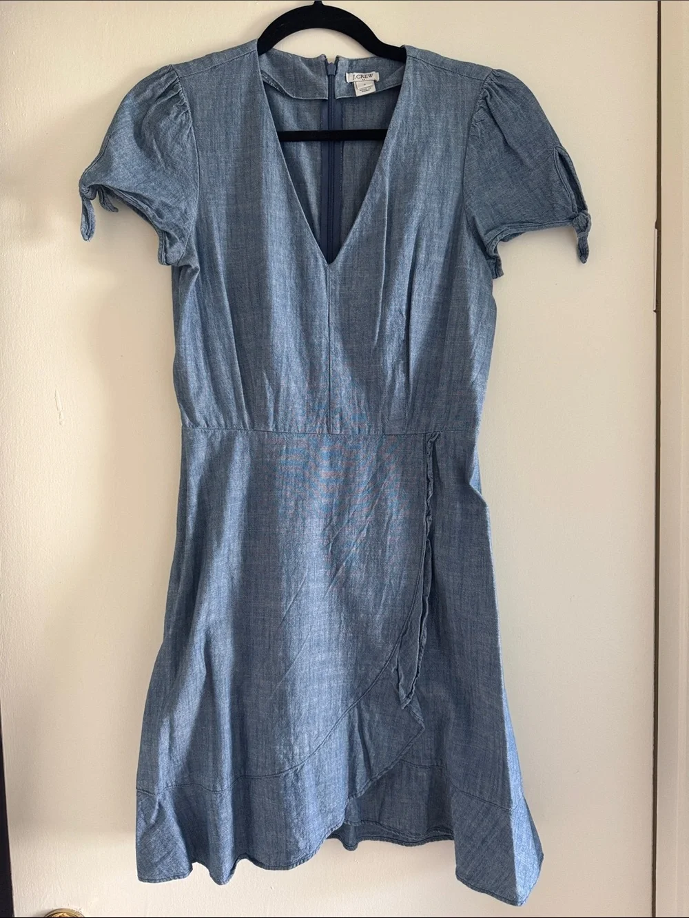 J. Crew Light Blue Chambray V-Neck Mini Dress with Tie Sleeves